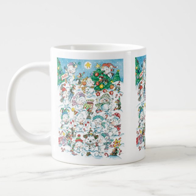 Cute Cartoon Christmas Polar Bear Penguin Party Large Coffee Mug (Left)