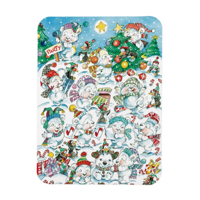 Cute Cartoon Christmas Polar Bear Penguin Party Magnet (Vertical)