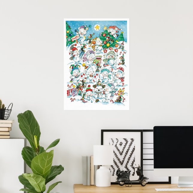 Cute Cartoon Christmas Polar Bear Penguin Party Poster (Home Office)
