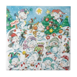 Cute Cartoon Christmas Polar Bear Penguin Party Tile