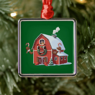 Cute Cartoon Christmas Red Barn - Festive Farm Metal Ornament