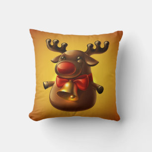 Cute Cartoon Christmas Reindeer with Jingle Bell W Throw Pillow