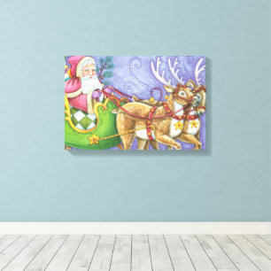 Cute Cartoon Christmas Santa Claus Sleigh Reindeer Canvas Print