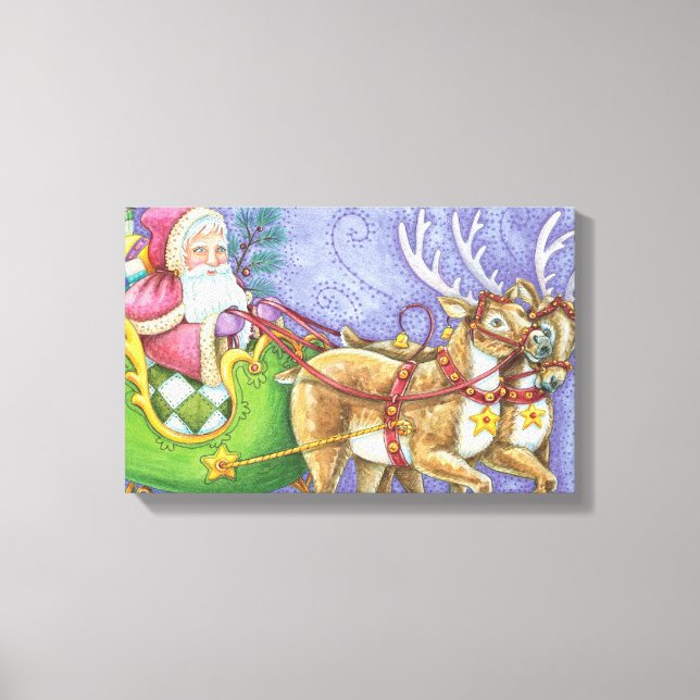 Cute Cartoon Christmas Santa Claus Sleigh Reindeer Canvas Print (Front)