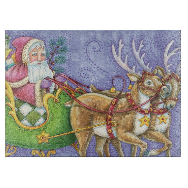 Cute Cartoon Christmas Santa Claus Sleigh Reindeer Cutting Board (Front)