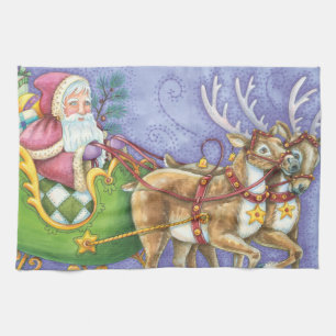 Cute Cartoon Christmas Santa Claus Sleigh Reindeer Kitchen Towel