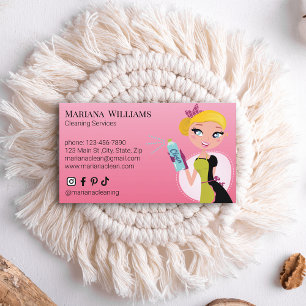 cute cartoon cleaning services housekeeping pink  business card