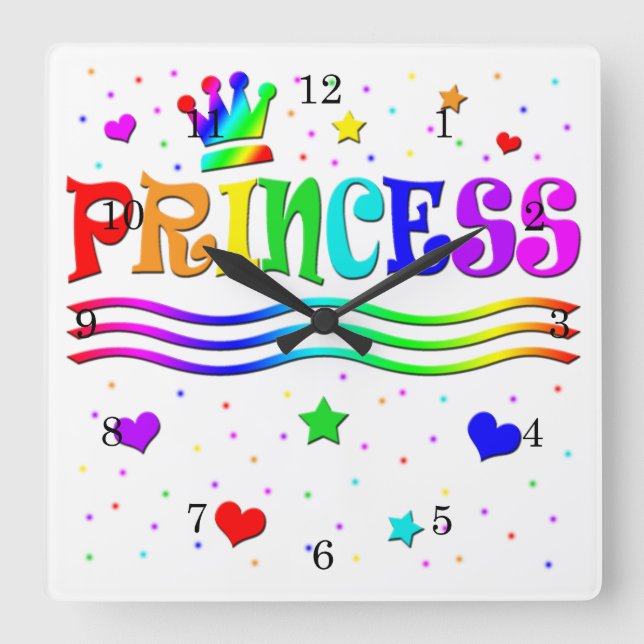 Cute Cartoon Clip Art Rainbow Princess Tiara Square Wall Clock (Front)