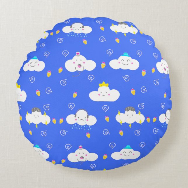 Cute Cartoon Clouds with Emotions Round Pillow (Front)