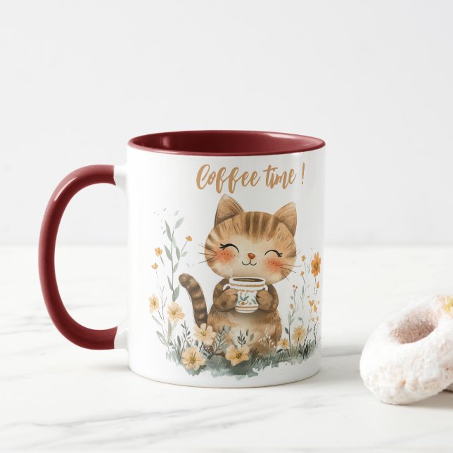 Cute Cartoon Coffee-Loving Cat Mug (With Donut)