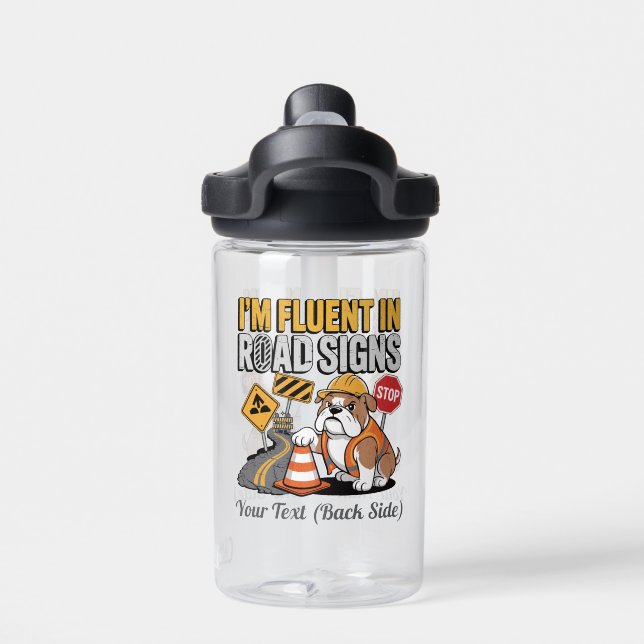 Cute Cartoon Construction Bulldog Funny Road Sign  Water Bottle (Back)