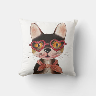 Cute Cartoon Cool Cat in Glasses Throw Pillow
