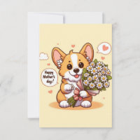 Cute Cartoon Corgi with Daisies Happy Mother’s Day