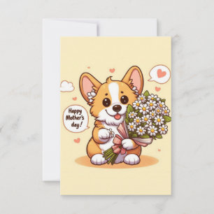 Cute Cartoon Corgi with Daisies Happy Mother’s Day Card