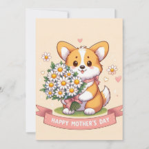 Cute Cartoon Corgi with Daisies Happy Mother's Day