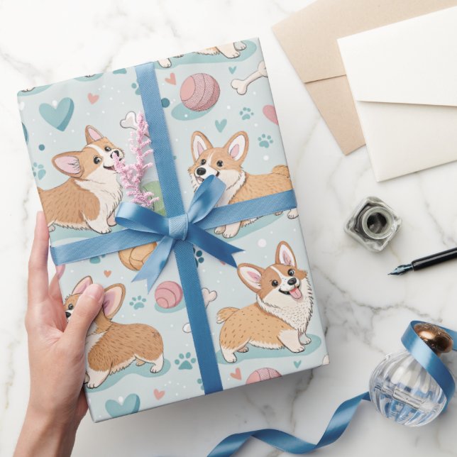 Cute Cartoon Corgi Wrapping Paper – Light Blue Dog (Gifting)
