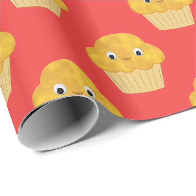 Cute Cartoon Corn Muffin On Red Wrapping Paper (Roll Corner)