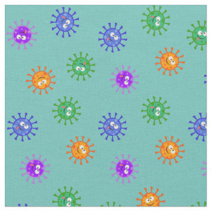 Cute Cartoon Corona Virus Covid19 Virus Turquoise Fabric