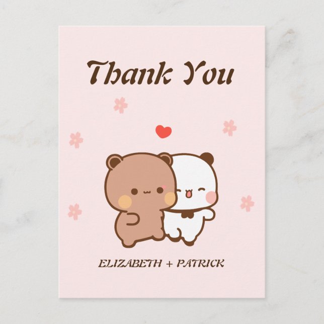 Cute cartoon couple, Kawaii Bear & Panda Thank You Postcard (Front)