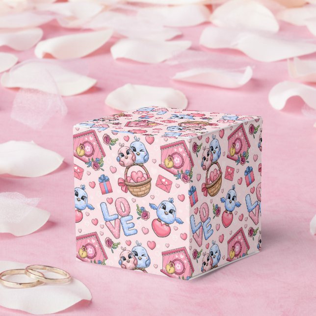 Cute cartoon couple of birds, hearts, birds house/ favor box (Wedding)