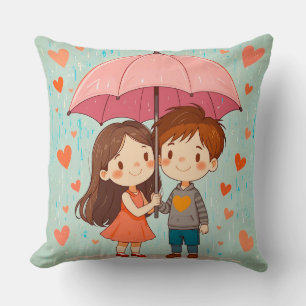 Cute Cartoon Couple Smiling Under Pink Umbrella Throw Pillow