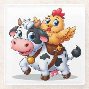 cute cartoon cow/chicken glass coaster