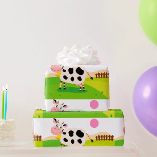 Cute Cartoon Cow in Sunny Farm Field Wrapping Paper