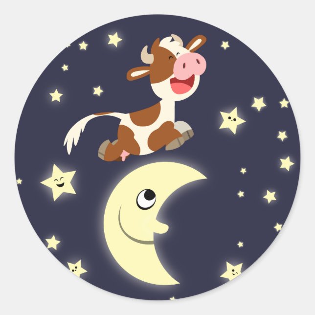 Cute Cartoon Cow Jumping Over The Moon Sticker (Front)