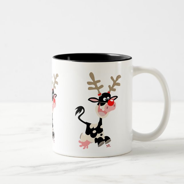 Cute Cartoon Cow Masquerading as a Reindeer Two-Tone Coffee Mug (Right)