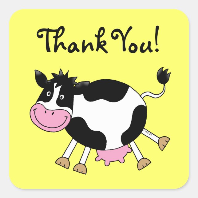 Cute cartoon cow thank you square sticker (Front)