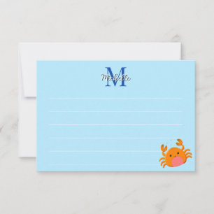 Cute Cartoon Crab Blue Ocean Lined Monogram Card