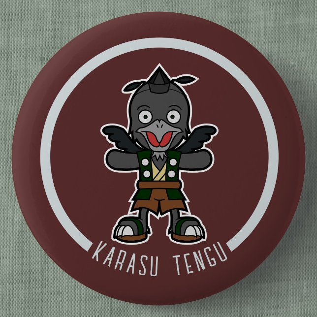 Cute Cartoon Crow Tengu | Japanese Yokai 2 Inch Round Button (Cute Cartoon Crow Tengu Can Badge- Detail View)