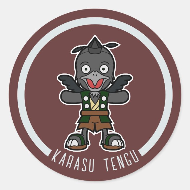 Cute Cartoon Crow Tengu | Japanese Yokai Classic Round Sticker (Front)