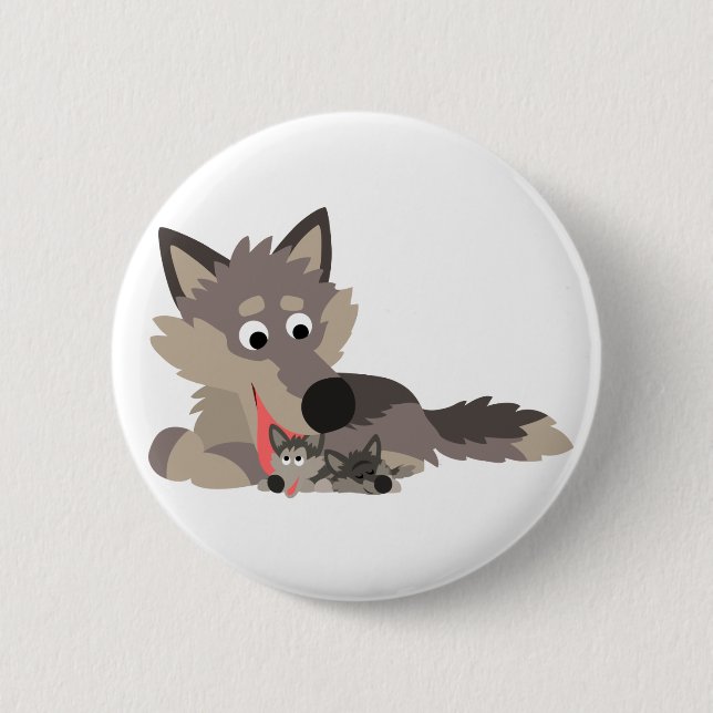 Cute Cartoon Dad Wolf and Pups Button Badge (Front)
