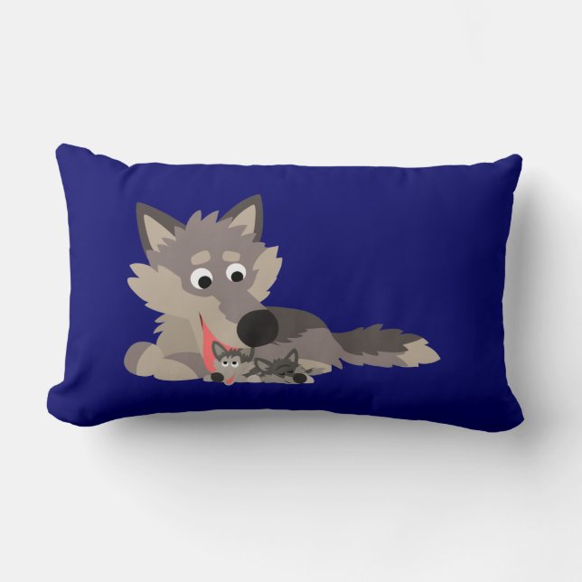 Cute Cartoon Dad Wolf and Pups Pillow (Front)