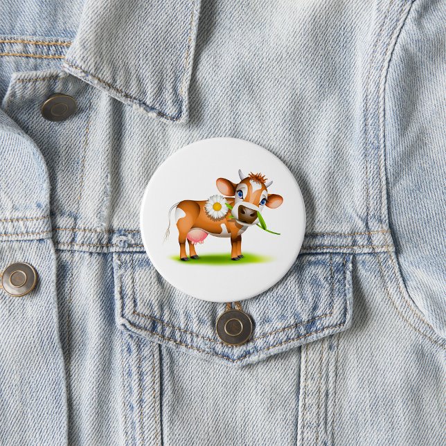 Cute Cartoon Dairy Cow with Flower and Grass  3 Inch Round Button (Creator Uploaded)