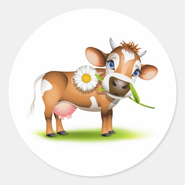 Cute Cartoon Dairy Cow with Flower and Grass  Classic Round Sticker (Front)
