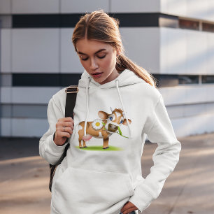 Cute Cartoon Dairy Cow with Flower and Grass Hoodie