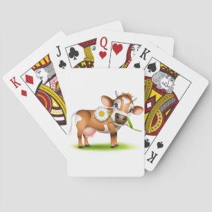 Cute Cartoon Dairy Cow with Flower and Grass  Playing Cards