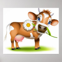 Cute Cartoon Dairy Cow with Flower and Grass