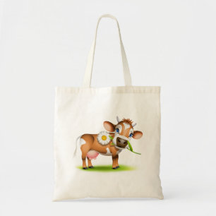 Cute Cartoon Dairy Cow with Flower and Grass Tote Bag