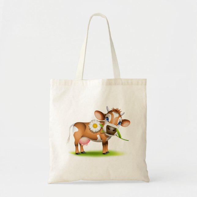 Cute Cartoon Dairy Cow with Flower and Grass  Tote Bag (Front)