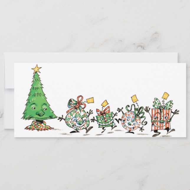 Cute Cartoon Dancing Christmas Presents and Tree Holiday Card (Front)