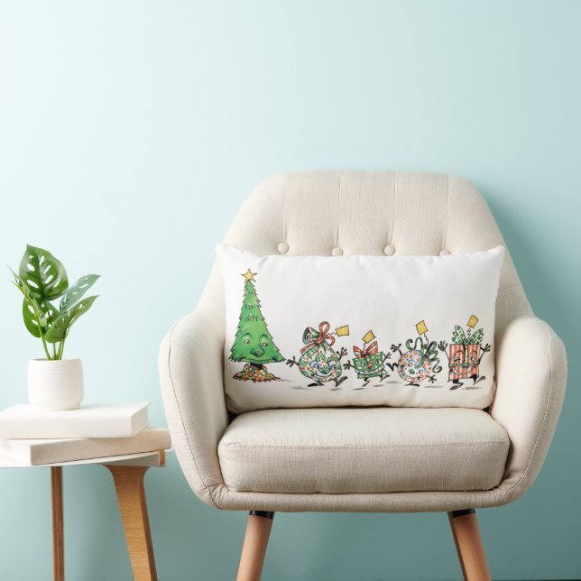Cute Cartoon Dancing Christmas Presents and Tree Lumbar Pillow (Chair)