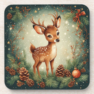 Cute Cartoon Deer in Festive Wreath Coaster