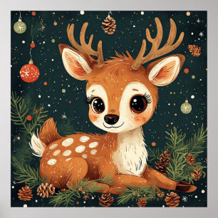 Cute Cartoon Deer in Festive Wreath Poster