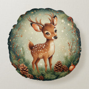 Cute Cartoon Deer in Festive Wreath Round Pillow