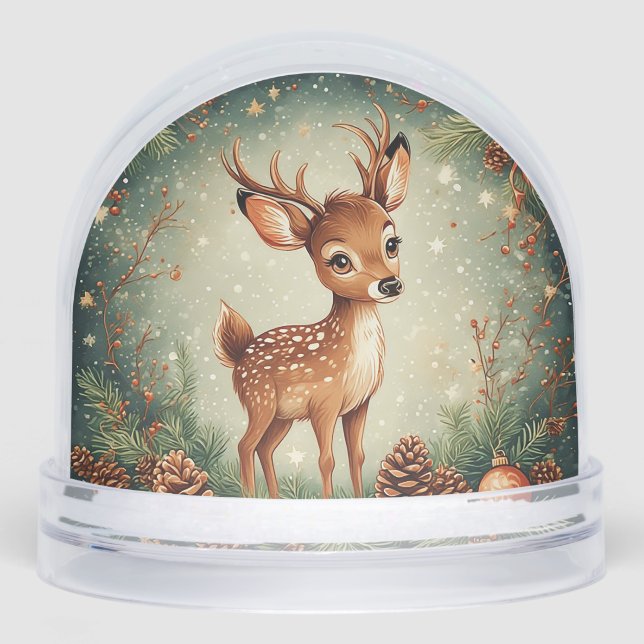 Cute Cartoon Deer in Festive Wreath Snowglobe (Front)