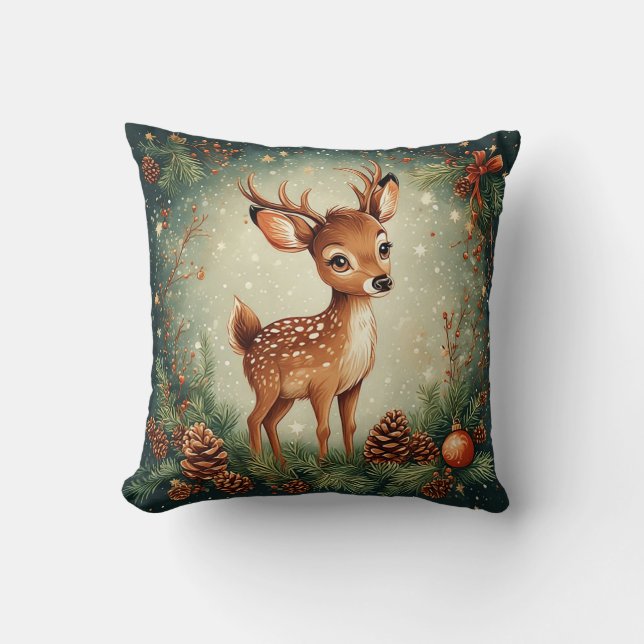 Cute Cartoon Deer in Festive Wreath Throw Pillow (Front)