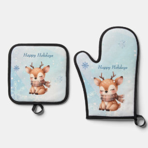 Cute Cartoon Deer in Snow Oven Mitt & Pot Holder Set